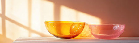 Amber and pink bowls rest on a white surface, bathed in warm, soft light. Their minimalist forms create gentle echoes of color and texture, enhancing the tranquil atmosphere.の素材