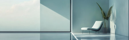 Bright light floods a minimalist room featuring a stylish chair and a graceful plant. The soft mint and gray tones create a soothing atmosphere in the serene space.の素材