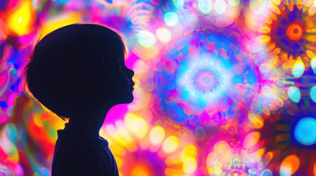 A child's silhouette stands out against a vivid, swirling background of colors and shapes, representing joy and imagination in a playful setting.の素材