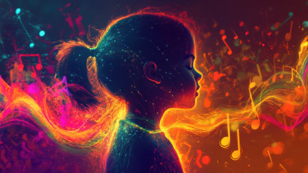 A child stands in profile, surrounded by radiant colors and flowing musical notes, evoking a sense of creativity and joy in a magical environment. The glow symbolizes harmony and inspiration.の素材