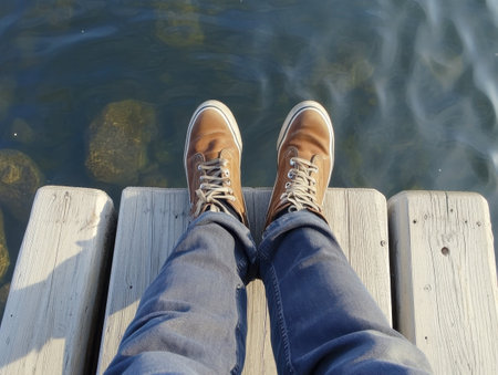 A person enjoys a peaceful afternoon sitting on a wooden dock, feet hanging above the clear water. The sun shines brightly, creating a serene atmosphere perfect for relaxation.の素材