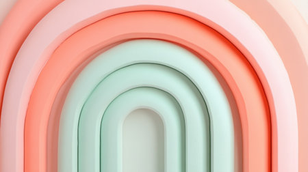 Soft pastel mint and coral arcs are gracefully arranged to form a visually appealing pattern. This artistic arrangement offers a calming aesthetic suitable for various decorative purposes.の素材