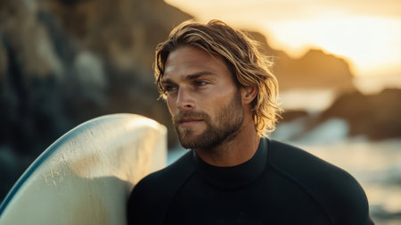 A surfer strolls along the sandy shore during sunset, holding a surfboard. The warm glow of the setting sun reflects off the ocean, creating a peaceful atmosphere.の素材