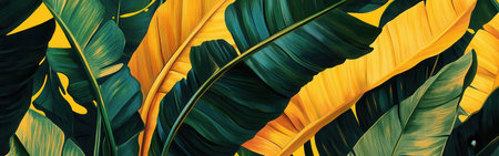 Lush emerald green leaves contrast beautifully with vibrant yellow foliage, capturing the essence of a tropical setting under bright sunlight. Nature thrives in rich colors and textures.の素材