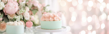 A dessert table features a mint green cake adorned with pink frosting roses. Beautiful floral arrangements in subtle shades decorate the setting, enhanced by enchanting bokeh lights.の素材