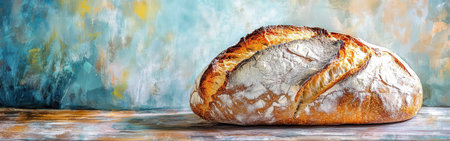 Artisanal bread rests on a wooden surface, showing its golden crust and unique texture against a colorful watercolor backdrop. The lively colors enhance the warmth of the bread.の素材