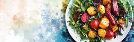 Fresh mixed greens are artfully arranged with grilled pineapple chunks and cherry tomatoes, creating a vibrant dish displayed against a soft watercolor backdrop.の素材