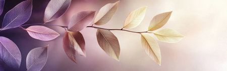 Mauve leaves with delicate golden tips gently rest in a tranquil environment, showing their subtle beauty against a soft, lightly colored backdrop. Nature's elegance captured.の素材