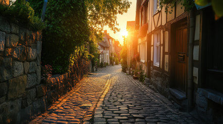 Warm sunlight filters through the trees, illuminating a picturesque narrow cobblestone street lined with quaint buildings and charming foliage. The peaceful setting invites strolls and exploration.の素材