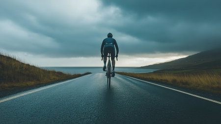 A cyclist accelerates on a slick road beside the ocean, surrounded by overcast skies and rugged hills. The atmosphere captures a blend of adventure and nature's beauty.の素材