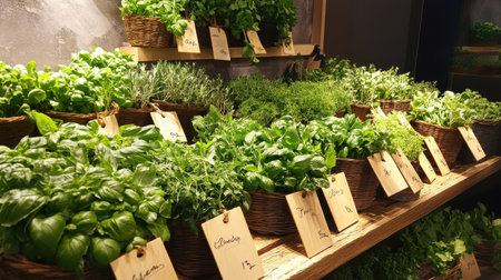 Fresh herbs are delicately arranged in woven baskets, each labeled with names and prices. The market is lively, with rich colors and enticing aromas, inviting visitors to explore.の素材