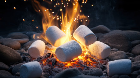 Friends gather around a warm bonfire on a pleasant spring evening, toasting marshmallows and sharing stories under a beautiful night sky filled with stars.の素材