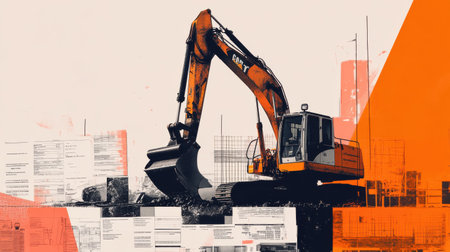 A construction excavator stands prominently at a building site, silhouetted against an orange backdrop. Surrounding documents and construction materials add context to the industry setting.の素材