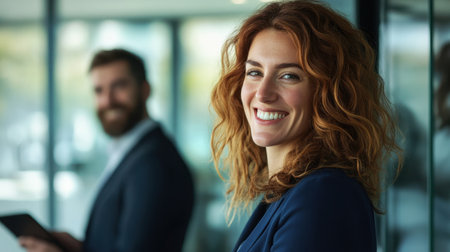 A cheerful woman with curly hair is smiling at the camera while a man stands behind her, holding a tablet. The modern workspace is filled with natural light, promoting creativity and collaboration.の素材