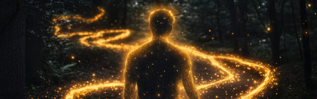 A man stands in a dark forest, surrounded by trees, as golden light radiates from his body, creating a glowing trail through the woods at twilight. The enchanted atmosphere captivates the senses.の素材
