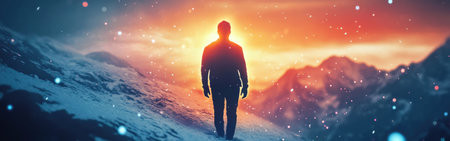 A man walks confidently in a snowy terrain as the sun sets behind him, creating a radiant glow around his figure against the majestic mountain backdrop. Snowflakes gently fall from the sky.の素材