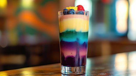 A refreshing layered smoothie showcases an array of vibrant colors, topped with a mix of blueberries and strawberries, set on a wooden table at a comfortable cafe.の素材