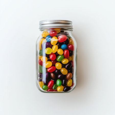 A clear jar showcases an array of vibrant jelly beans in various colors, creating a cheerful display perfect for candy lovers. This delightful jar is ideal for parties or festive occasions.の素材