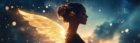 A woman with glowing golden wings stands in profile against a mystical nighttime backdrop filled with soft lights and swirling clouds. Her serene expression radiates inner strength.の素材