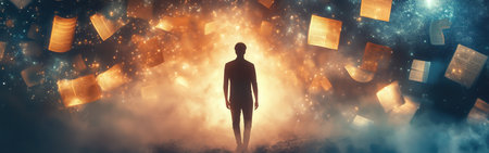 A man stands in a stunning environment filled with floating glowing books and sparkling stars. This scene evokes a sense of wonder and exploration, illustrating the journey of knowledge.の素材