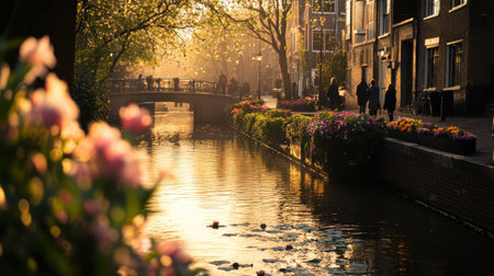 People enjoy a leisurely walk along a canal during a peaceful spring evening, surrounded by blooming flowers and warm golden sunlight reflecting off the water.の素材
