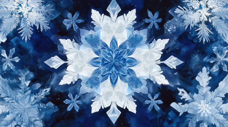 A stunning geometric pattern unfolds with luminous shades of icy blue and white, resembling intricate snowflakes against a deep navy background. This artwork radiates a serene winter atmosphere.の素材