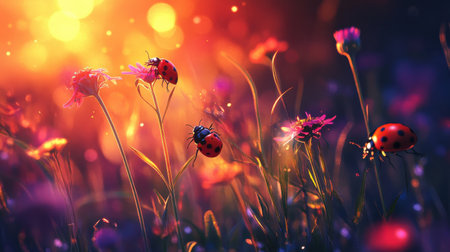 Ladybugs explore colorful flowers in a garden bathed in warm sunset light, creating a peaceful and lively atmosphere filled with natural beauty.の素材