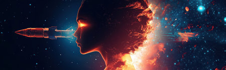 A woman's silhouette is blended with cosmic forms, depicting her connection to the universe. A rocket emerges from her head, symbolizing ambition and exploration in a vibrant space setting.の素材