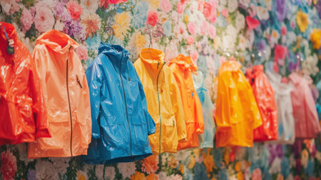 Colorful eco-friendly raincoats are hung for display in a retail shop, set against a bright floral wall. These highlights environmentally conscious fashion alternatives for rainy weather.の素材