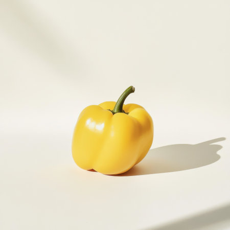 A vibrant yellow bell pepper showcases its glossy surface on a soft, pale background. The natural light highlights its fresh appearance, casting subtle shadows around.の素材