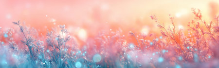 A tranquil field features aqua-hued grass swaying gently in the breeze, bathed in warm, soft light as the sun sets, creating a serene atmosphere filled with dream-like colors.の素材