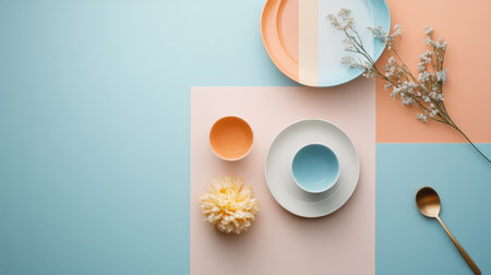 A beautifully arranged table displays elegant plates and bowls in soft pastel peach and blue hues. A small flower arrangement adds charm, perfect for a tranquil dining atmosphere.の素材