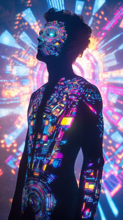 A man stands illuminated, his body adorned with brilliant, colorful patterns that resemble digital circuitry. The backdrop features mesmerizing abstract designs, enhancing the luminous effect.の素材