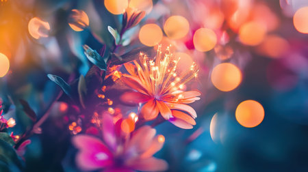 Glowing flowers blend seamlessly with colorful bokeh lights, creating a magical atmosphere. The enchanting display showcases colors that evoke warmth and wonder during twilight hours.の素材