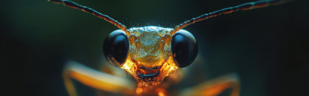 Close-up of a firefly's face reveals its glossy eyes and delicate antennae, capturing the essence of this bioluminescent insect in a dimly lit environment at dusk.の素材