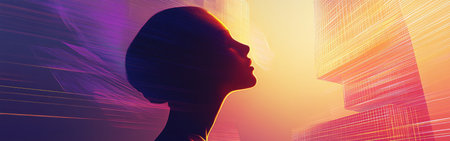 A woman stands in profile, glowing softly against a backdrop of colorful, abstract structures. This surreal scene captures the essence of urban life at dusk, blending light and form creatively.の素材