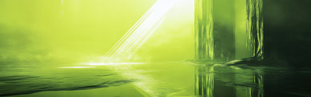 A vibrant lime-green and yellow environment features reflective surfaces and prominent light beams piercing through the mist. This captivating landscape appears ethereal and surreal.の素材