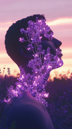 A man's silhouette stands in a field of lavender at sunset, with vivid purple flowers glowing softly against the backdrop of a warm, colorful sky. This scene captures the essence of tranquility.の素材