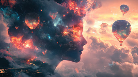 A man's profile emerges from a vibrant cosmic backdrop filled with colorful clouds and glowing hearts. Hot air balloons drift peacefully in the dreamy sunset sky, creating an enchanting atmosphere.の素材