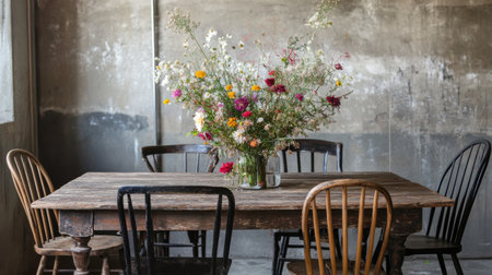 A cozy dining area features a reclaimed wood table surrounded by wooden chairs. A stunning bouquet of fresh flowers brings color and life to the space, creating an inviting atmosphere.の素材