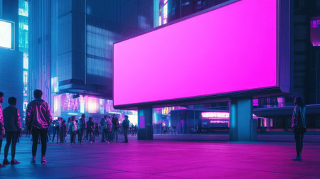 Bright neon lights illuminate a lively urban plaza at night as crowds gather around large digital displays, creating a vibrant atmosphere filled with energy and excitement.の素材