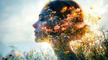 A woman with a serene expression glows against a backdrop of blooming flowers. The soft light of golden hour enhances her ethereal beauty and connection to nature.の素材