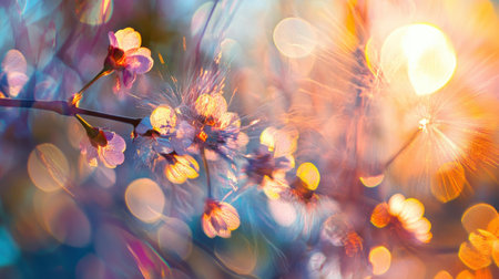 The artwork showcases a mesmerizing blend of springtime flowers illustrated in a dynamic double exposure technique. Vivid colors and soft bokeh create a joyful atmosphere.の素材