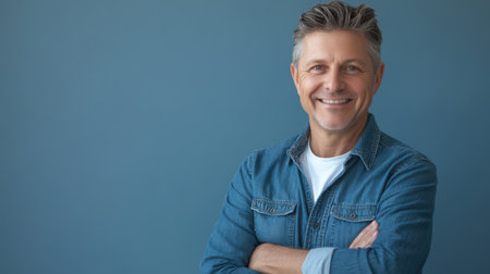 A middle-aged man stands with a warm smile, arms crossed, dressed casually in a denim shirt. He poses against a light blue background, radiating confidence and approachability.の素材