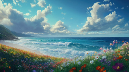 Rolling waves crash against the shore in a dramatic ocean view adorned with colorful flowers. Fluffy clouds float above under a bright blue sky, creating a serene atmosphere.の素材
