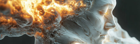 A sculptor in a tranquil studio is transforming a block of material into a stunning piece. The sculpture features a head enveloped in fiery elements, merging art with energy.の素材