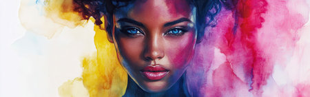 A striking portrait showcases a woman with captivating features, surrounded by a stunning watercolor backdrop. The colors blend harmoniously, enhancing the artwork's emotional depth.の素材