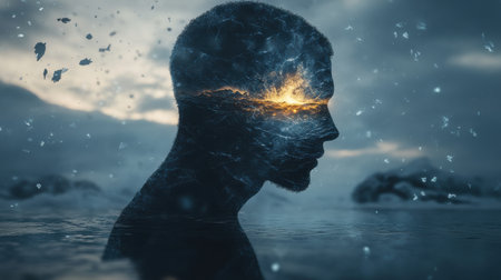 A man's profile is intricately filled with shimmering ocean waves and a glowing sunset, creating a surreal and contemplative atmosphere.の素材