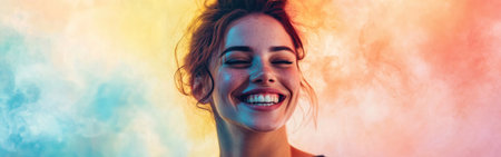 A woman smiles brightly, showcasing her happiness with a warm expression. The backdrop features vibrant watercolor hues blending harmoniously together, enhancing the cheerful atmosphere.の素材