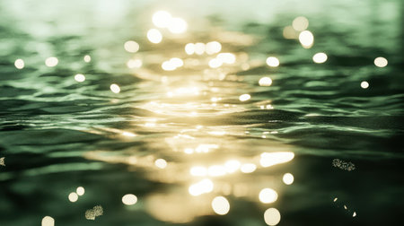 Soft bokeh lights dance on the water's surface, creating a calming effect. The gentle moss green and muted beige tones evoke tranquility during a peaceful moment by the shore.の素材